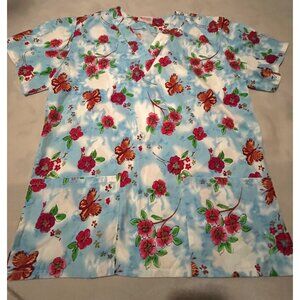 Floral Print V-Neck Short Sleeve Medical Scrub Top With Front Pockets By Fashion